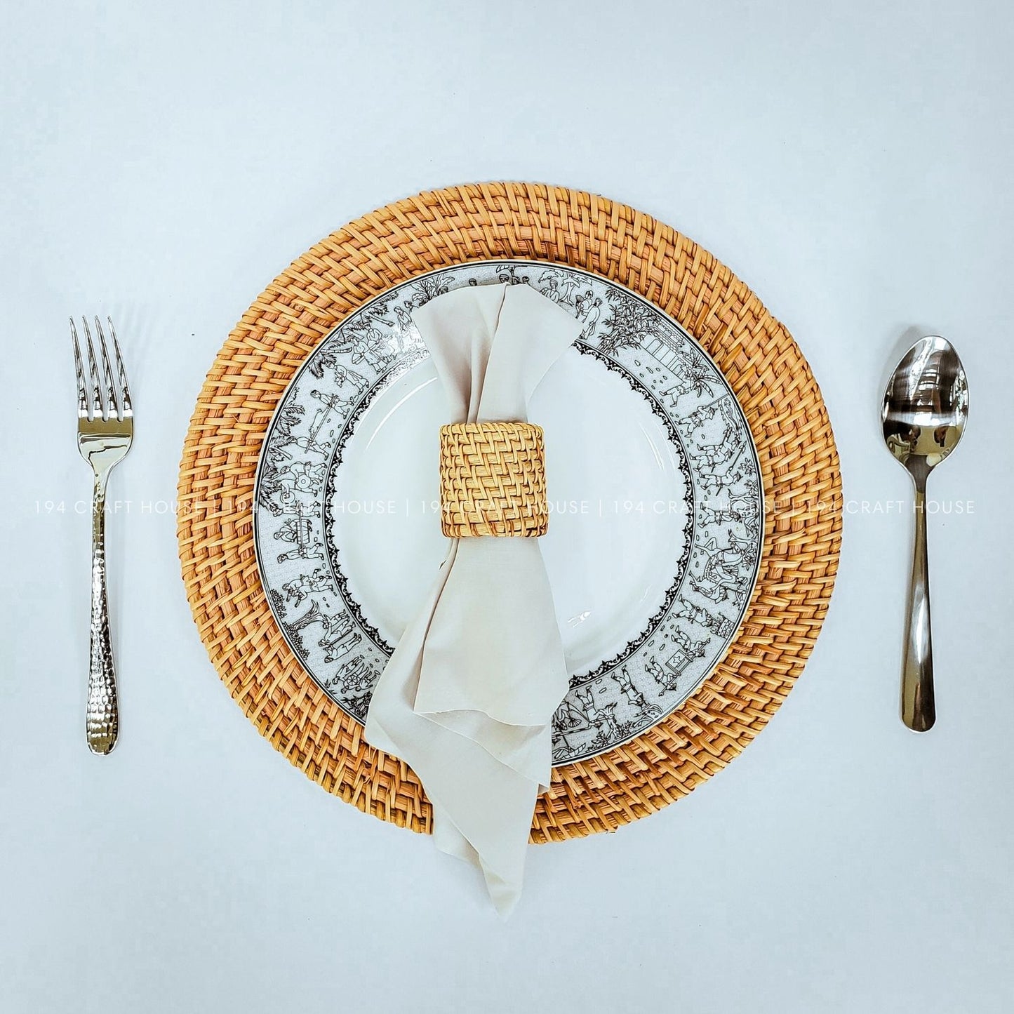 Round Rattan Placemats With Napkin Rings Set of 6