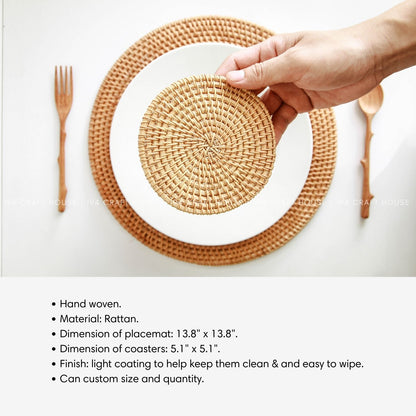 Handwoven Round Rattan Placemats and Coasters Set of 6