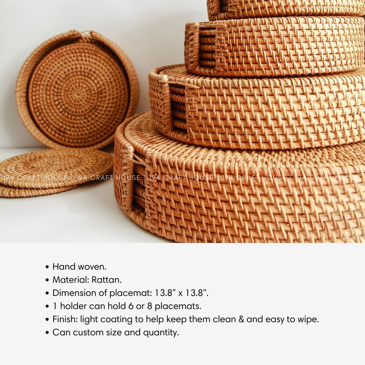 Handwoven Round Rattan Placemats Set With Holder