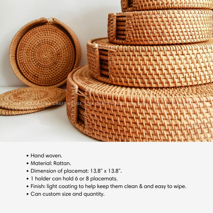 Handwoven Round Rattan Placemats Set With Holder