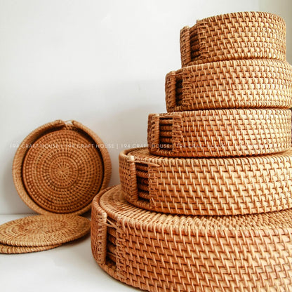 Handwoven Round Rattan Placemats Set With Holder