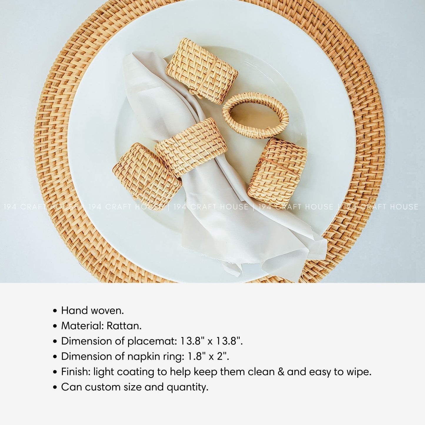 Round Rattan Placemats With Napkin Rings Set of 6