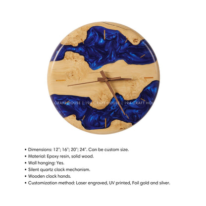 Wood Resin Wall Clock Personalized Gift for New Home, Unique Home Decor, Living Room Decor, Large Wall Clock, Resin Art