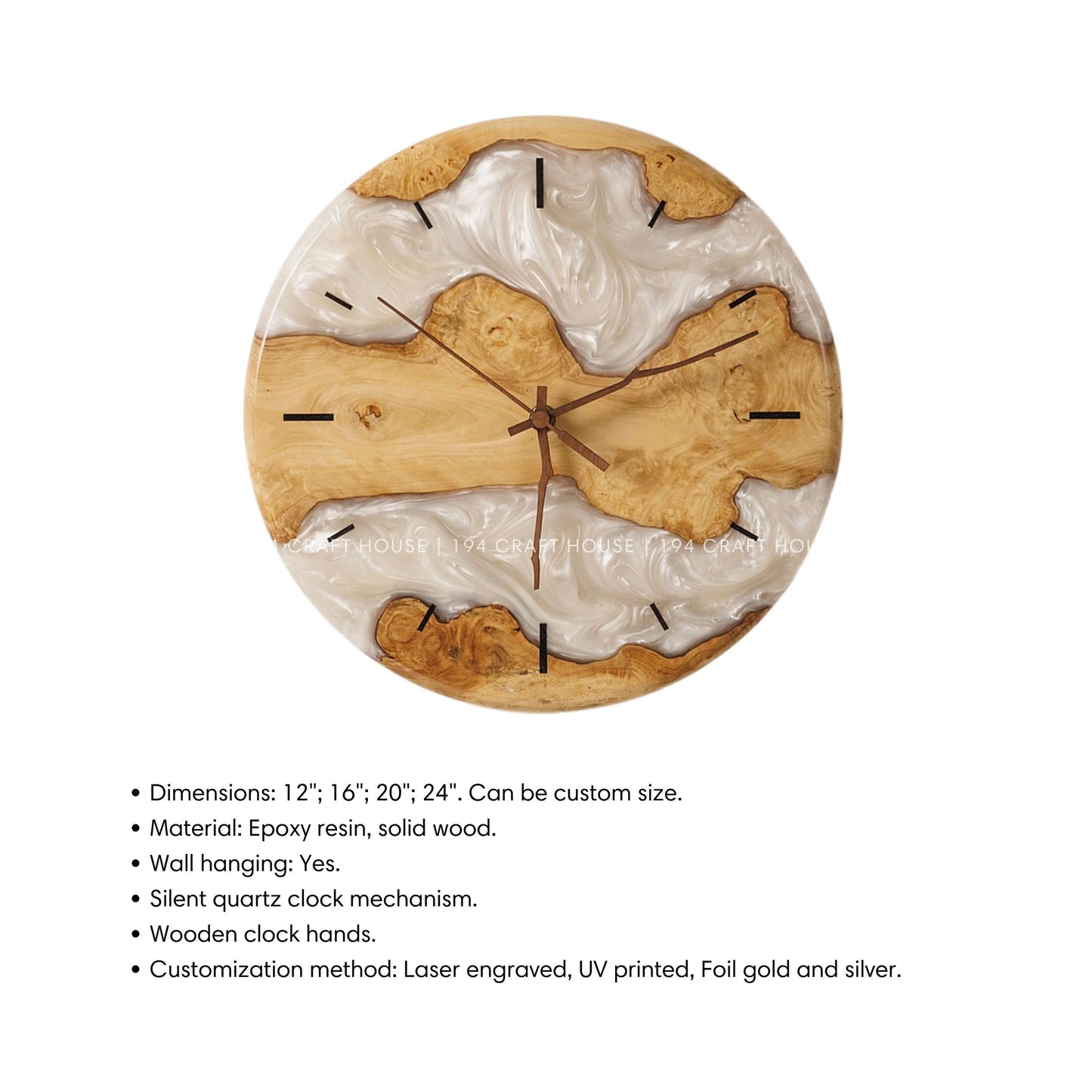 Wood Resin Wall Clock Personalized Gift for New Home, Unique Home Decor, Living Room Decor, Large Wall Clock, Resin Art