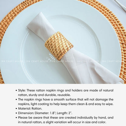 Round Rattan Placemats With Napkin Rings Set of 6