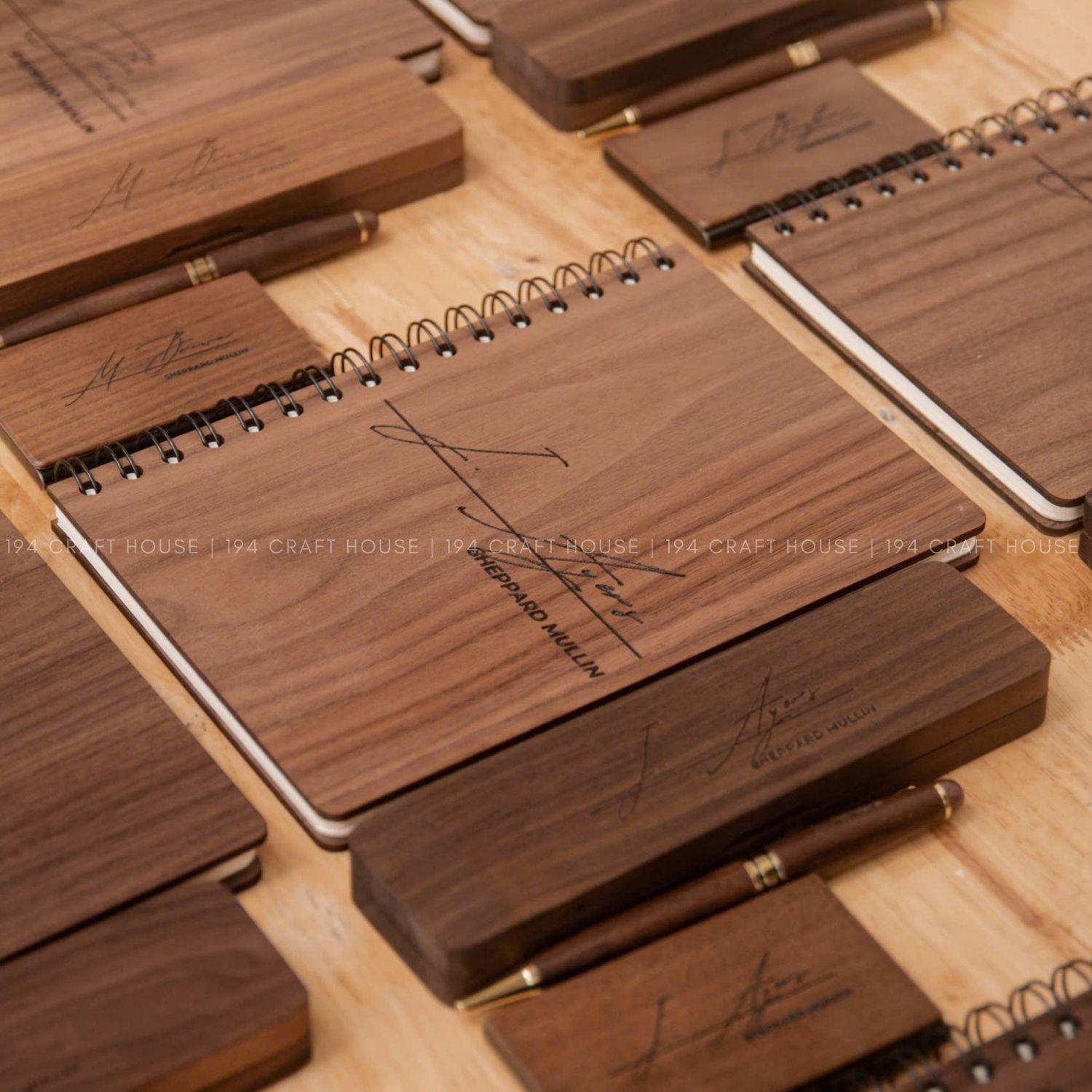 Wooden Office Set With Wooden Pen and Case, Notebook, Business Card Holder Engraved Logo and Name -  Personalized Corporate Gift for Sheppard Mullin