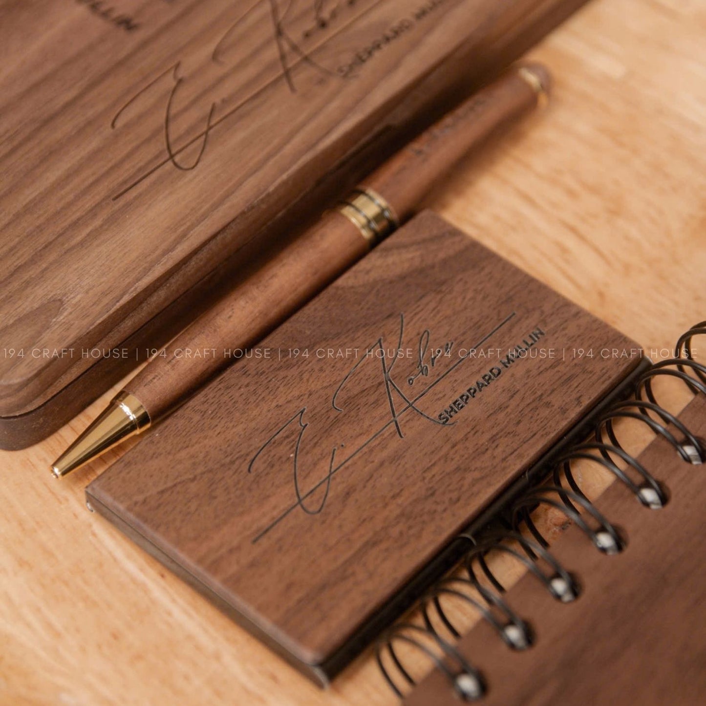 Wooden Office Set With Wooden Pen and Case, Notebook, Business Card Holder Engraved Logo and Name -  Personalized Corporate Gift for Sheppard Mullin
