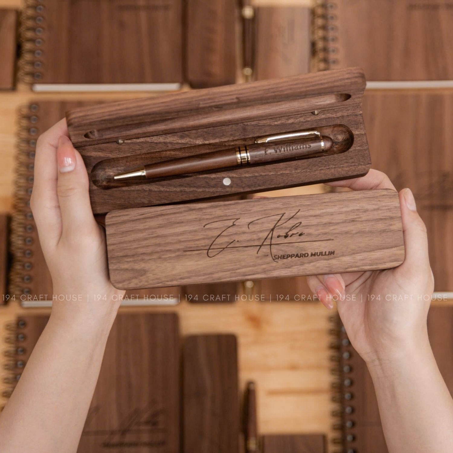 Wooden Office Set With Wooden Pen and Case, Notebook, Business Card Holder Engraved Logo and Name -  Personalized Corporate Gift for Sheppard Mullin