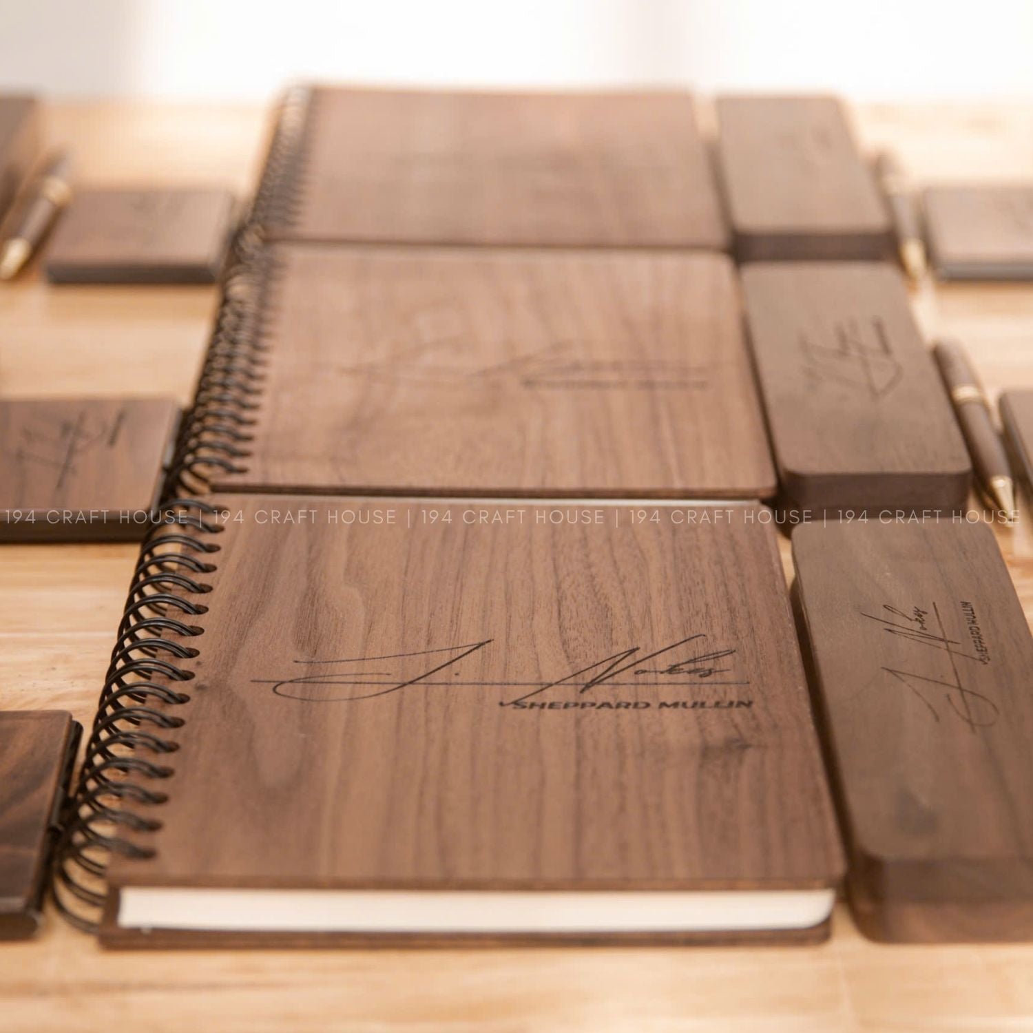 Wooden Office Set With Wooden Pen and Case, Notebook, Business Card Holder Engraved Logo and Name -  Personalized Corporate Gift for Sheppard Mullin