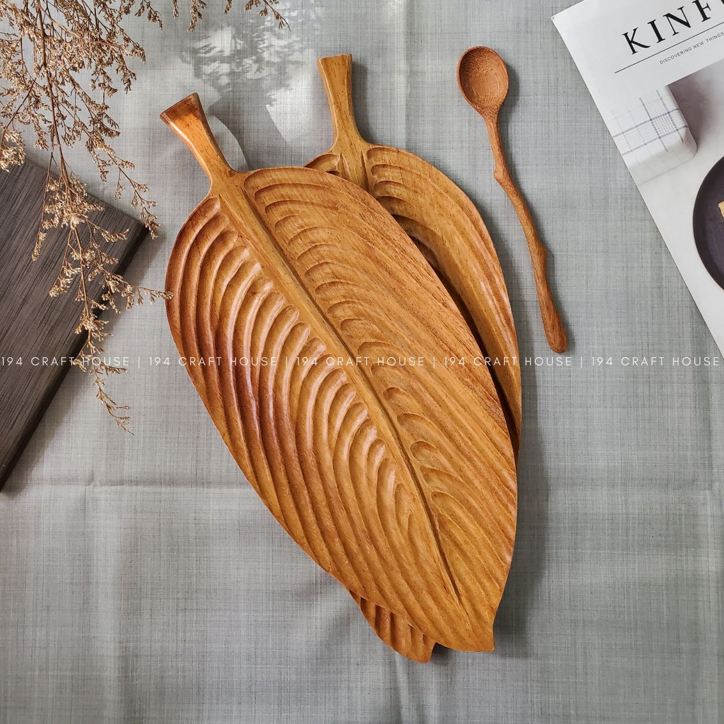 Hand-Carved Leaf Wooden Decorative Tray