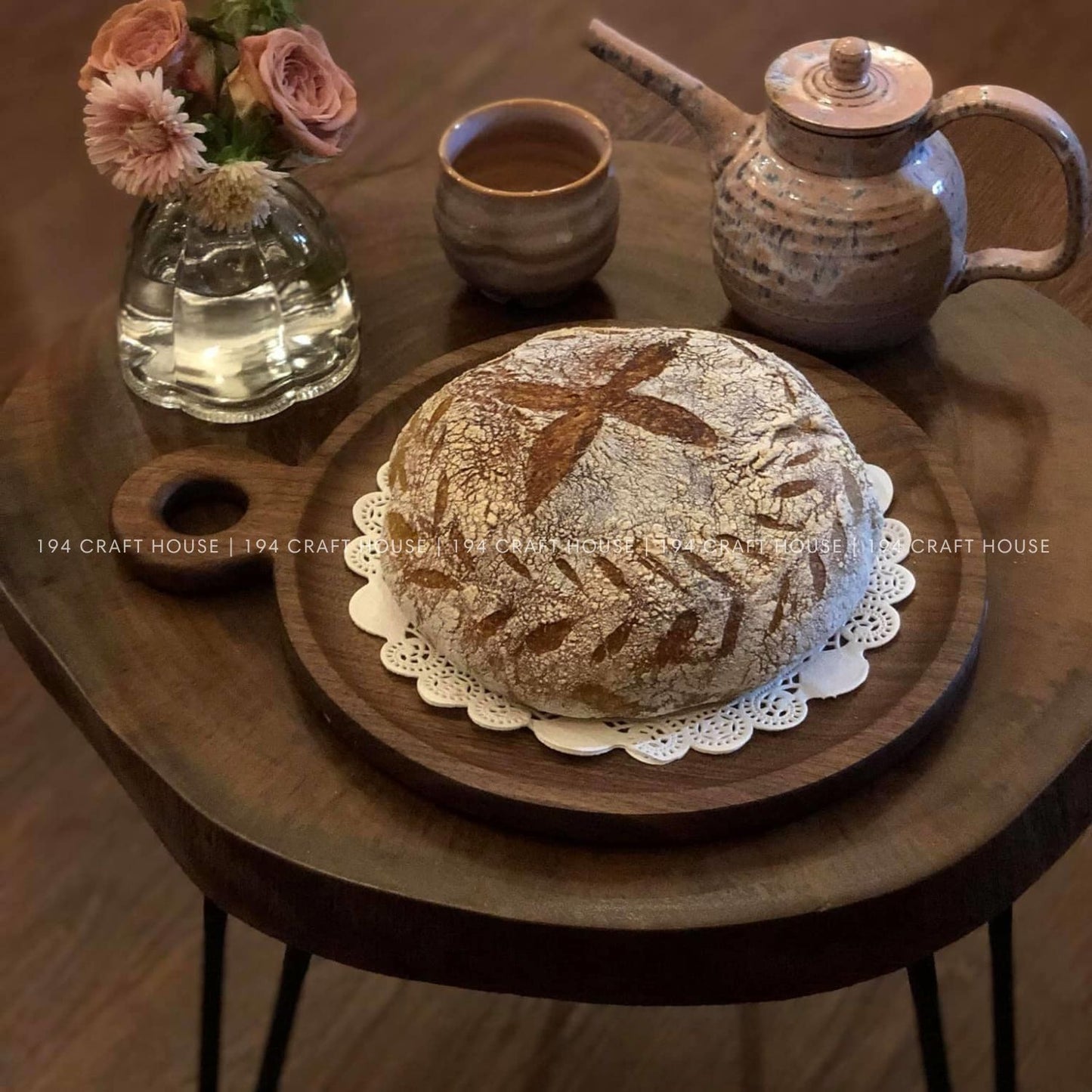 Round Walnut Serving Tray With Handle