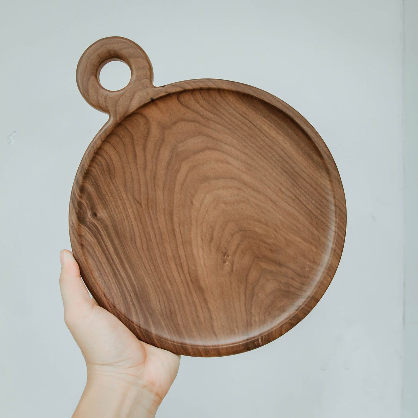 Round Walnut Serving Tray With Handle