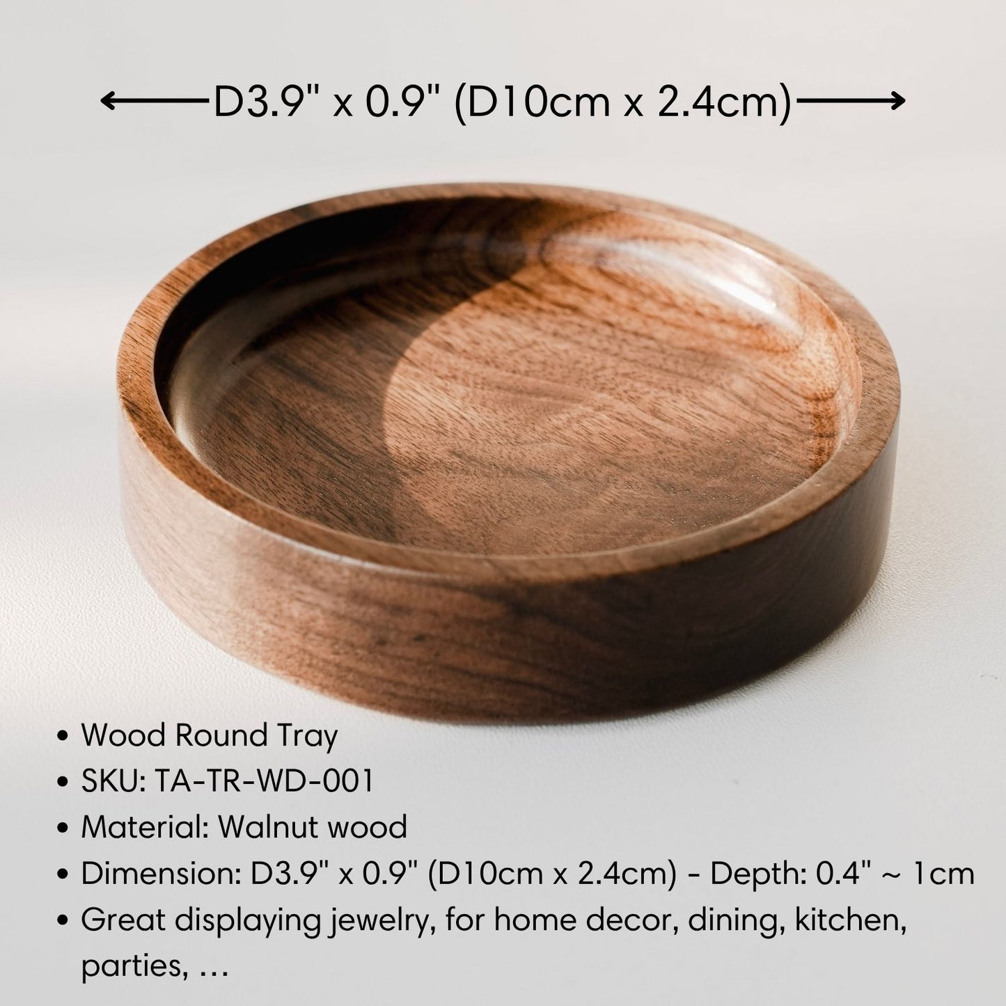 Walnut wood jewelry dish with pine tree engraving shown with product details and handmade ring tray design