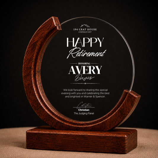Employee Retirement Award Gifts - Personalized Round Crystal Trophy Award with Wood Base With Gift Box: Custom Corporate Award Plaques & Trophies, Employee Recognition Award, Employee Appreciation Gifts, Sales Achievement Awards, Retirement Award Gifts, Graduation Award Gifts, Company Anniversary Awards, Leadership Awards, Years of Service Awards, Corporate Gifts