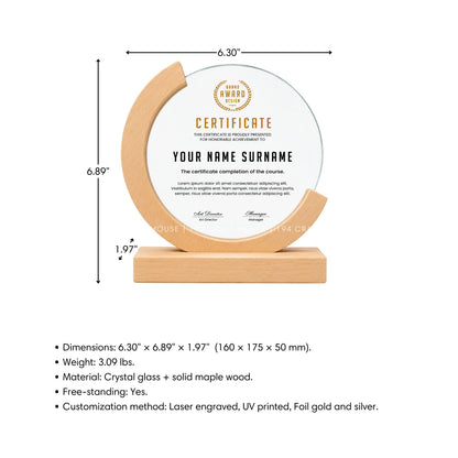 Custom Round Crystal Glass Trophy with Wood Base: Awards Plaques Personalized Corporate Gifts for Employees, Clients, Event Gifts, Appreciation Gifts, Recognition Gifts