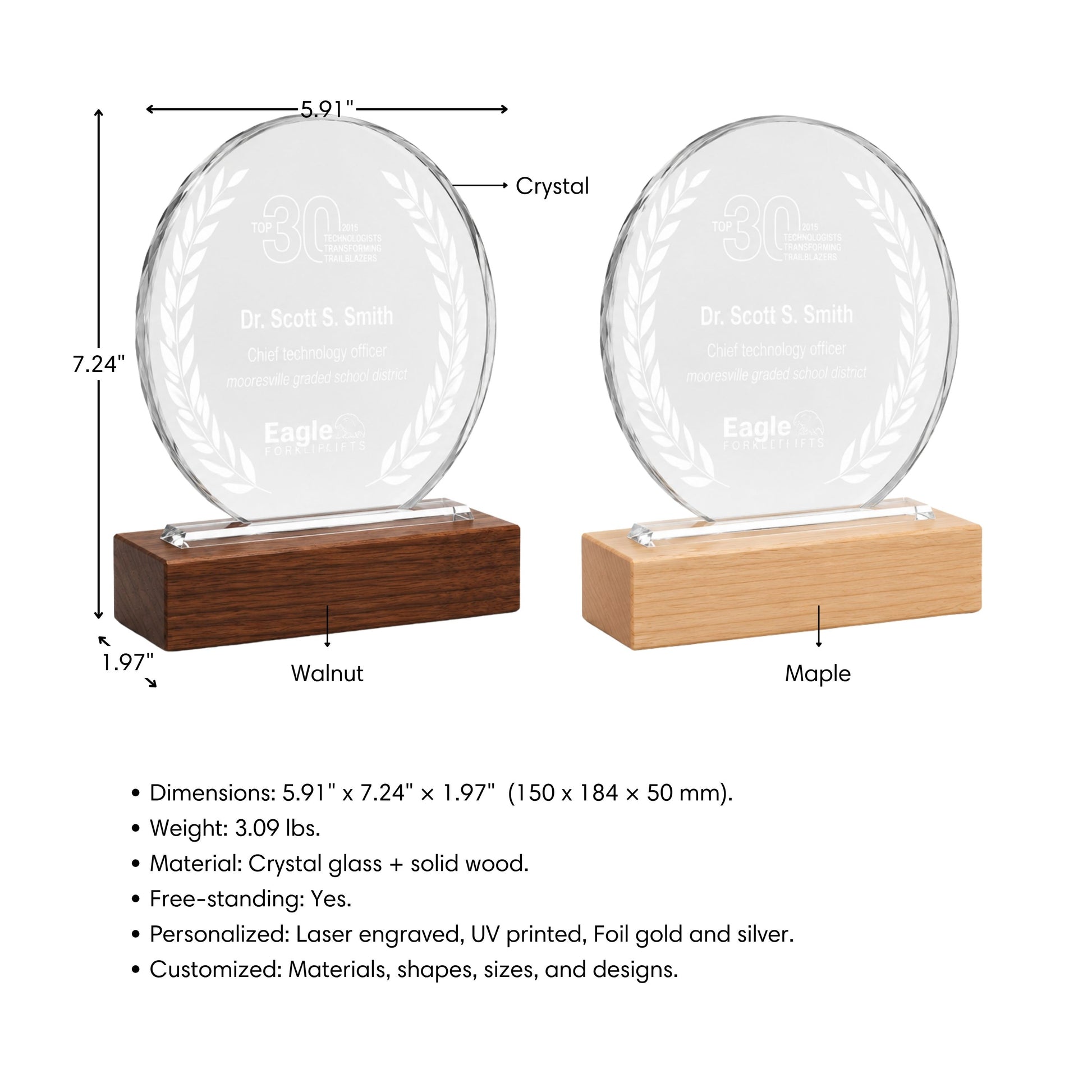 Personalized Crystal Award with Wooden Base: Custom Plaques, Awards and Trophies Corporate Gift for Clients, Employee Recognition Gift, Appreciation Gifts, Company Anniversary Gifts, Achievement Award.