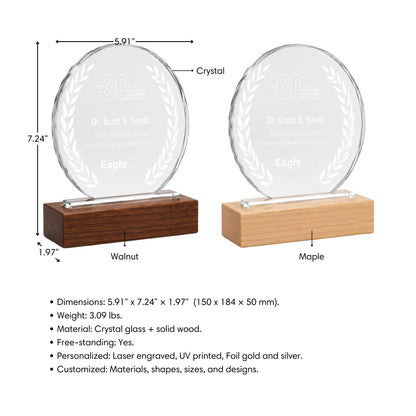 Personalized Crystal Award with Wooden Base: Custom Plaques, Awards and Trophies Corporate Gift for Clients, Employee Recognition Gift, Appreciation Gifts, Company Anniversary Gifts, Achievement Award.