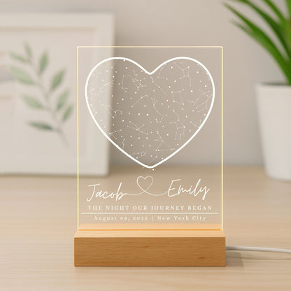 Custom "the night our journey began" acrylic plaque with a heart icon marking a precise star map with date and location.