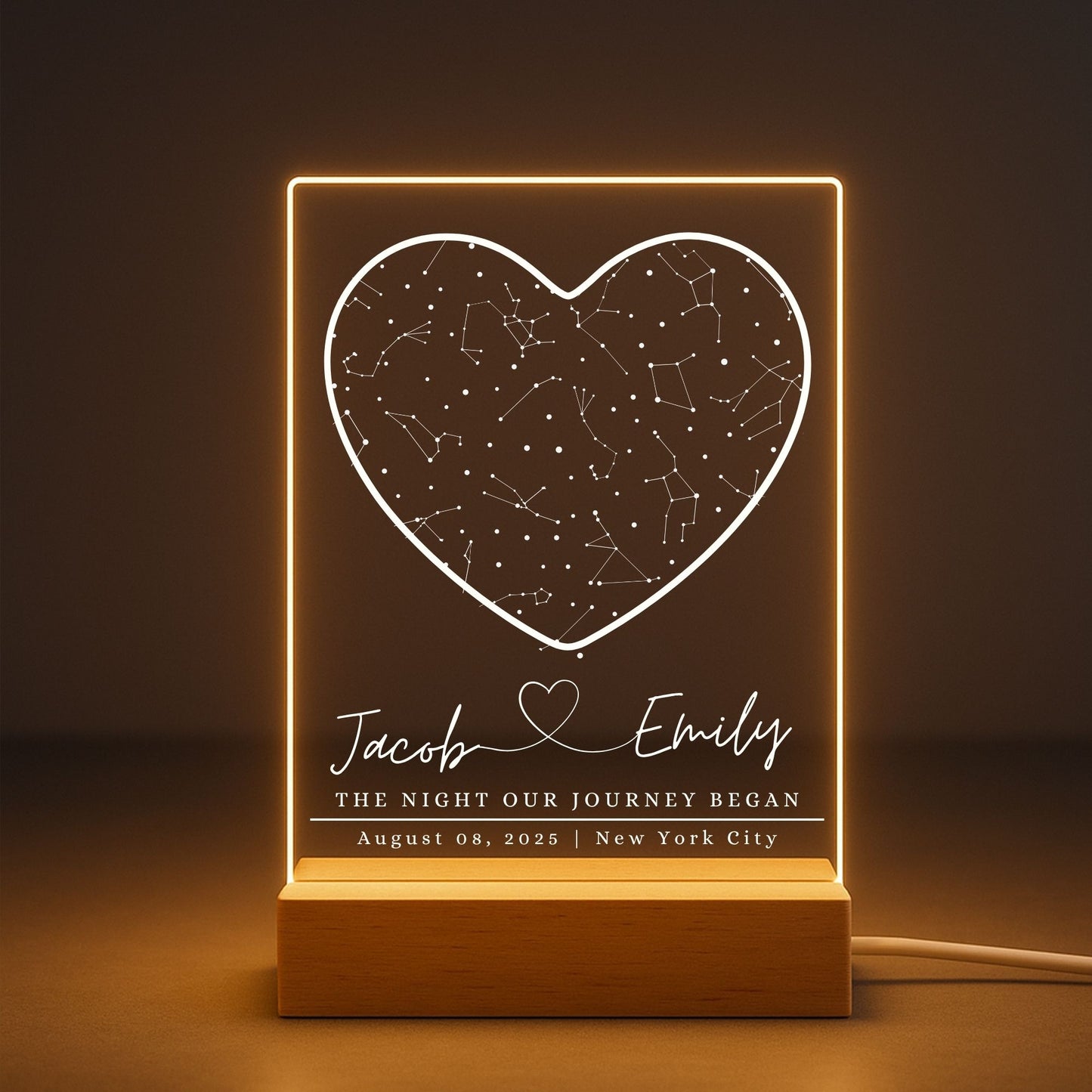 a custom star map night light showing the warm led 
