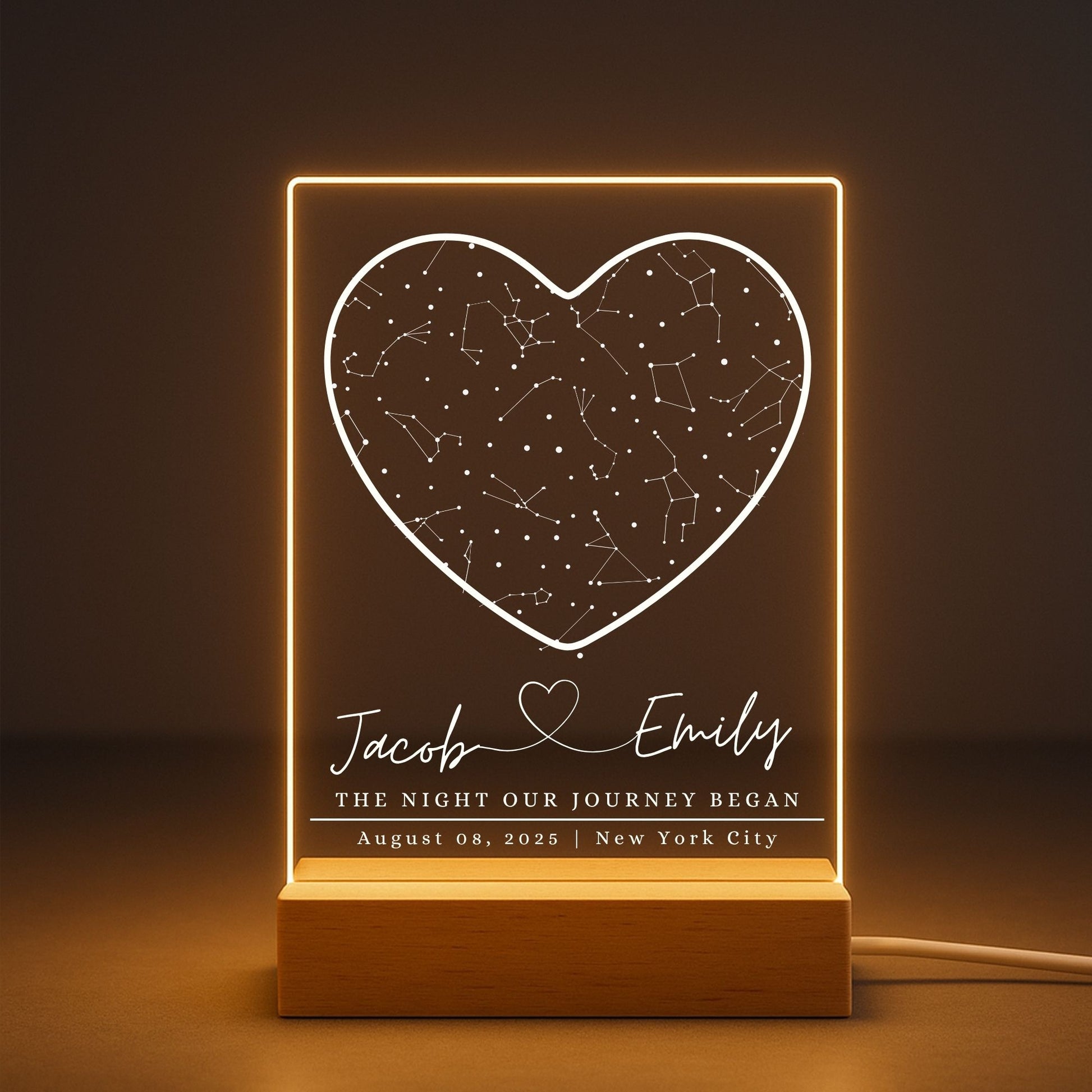 a custom star map night light showing the warm led 
