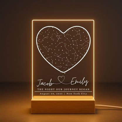 a custom star map night light showing the warm led 