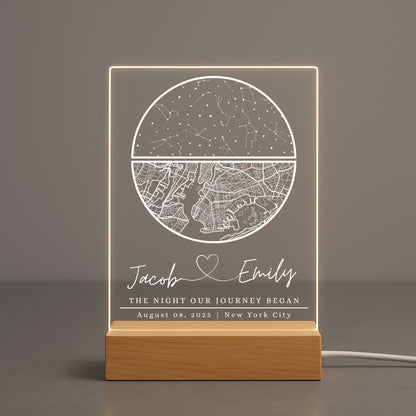 Custom acrylic map plaque featuring a specific city layout and star map with a romantic anniversary date, name and location