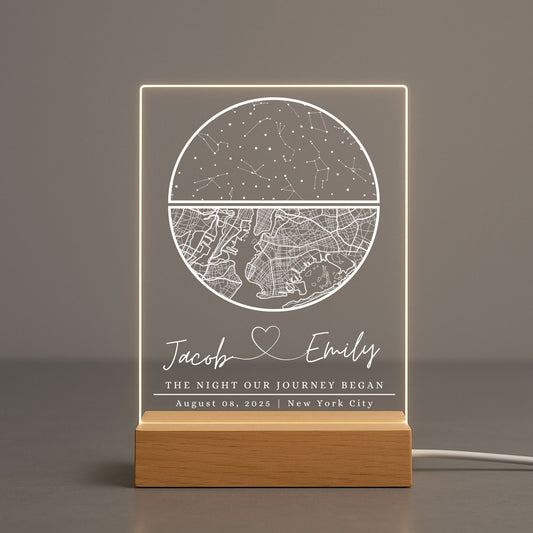 Custom acrylic map plaque featuring a specific city layout and star map with a romantic anniversary date, name and location