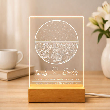 a glowing acrylic insert featuring a custom map design.