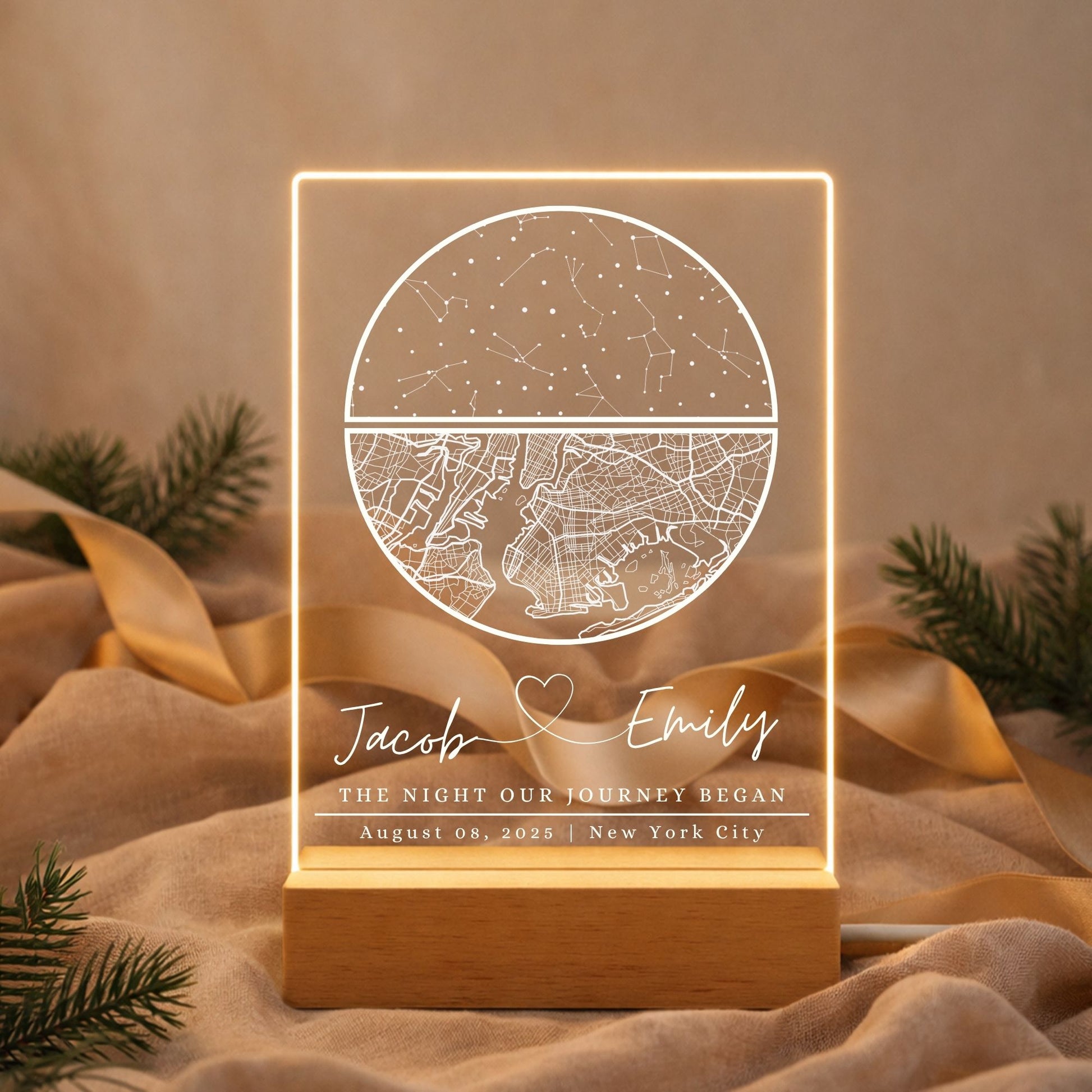 Clear acrylic night light displaying a specific street map and couple's names.
