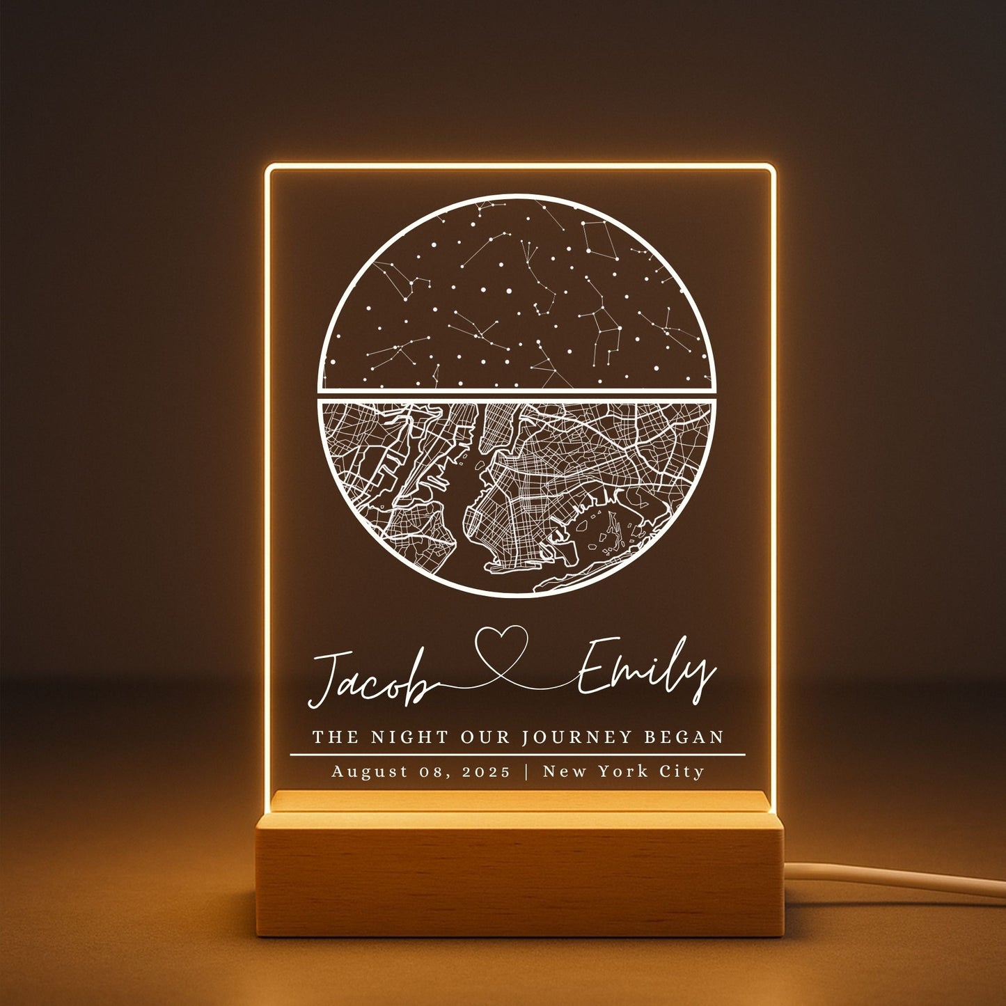 Precision engraving of street names and landmarks on a clear acrylic map plaque.