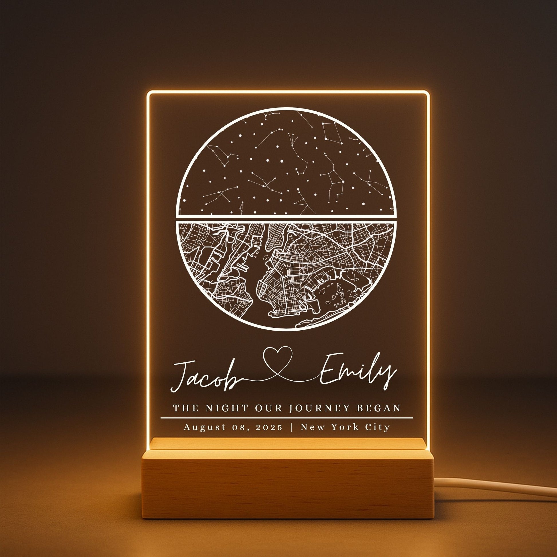 Precision engraving of street names and landmarks on a clear acrylic map plaque.