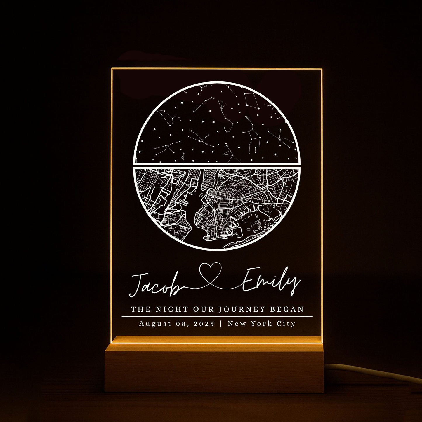 Modern map night light with a warm LED glow reflecting off the acrylic surface.