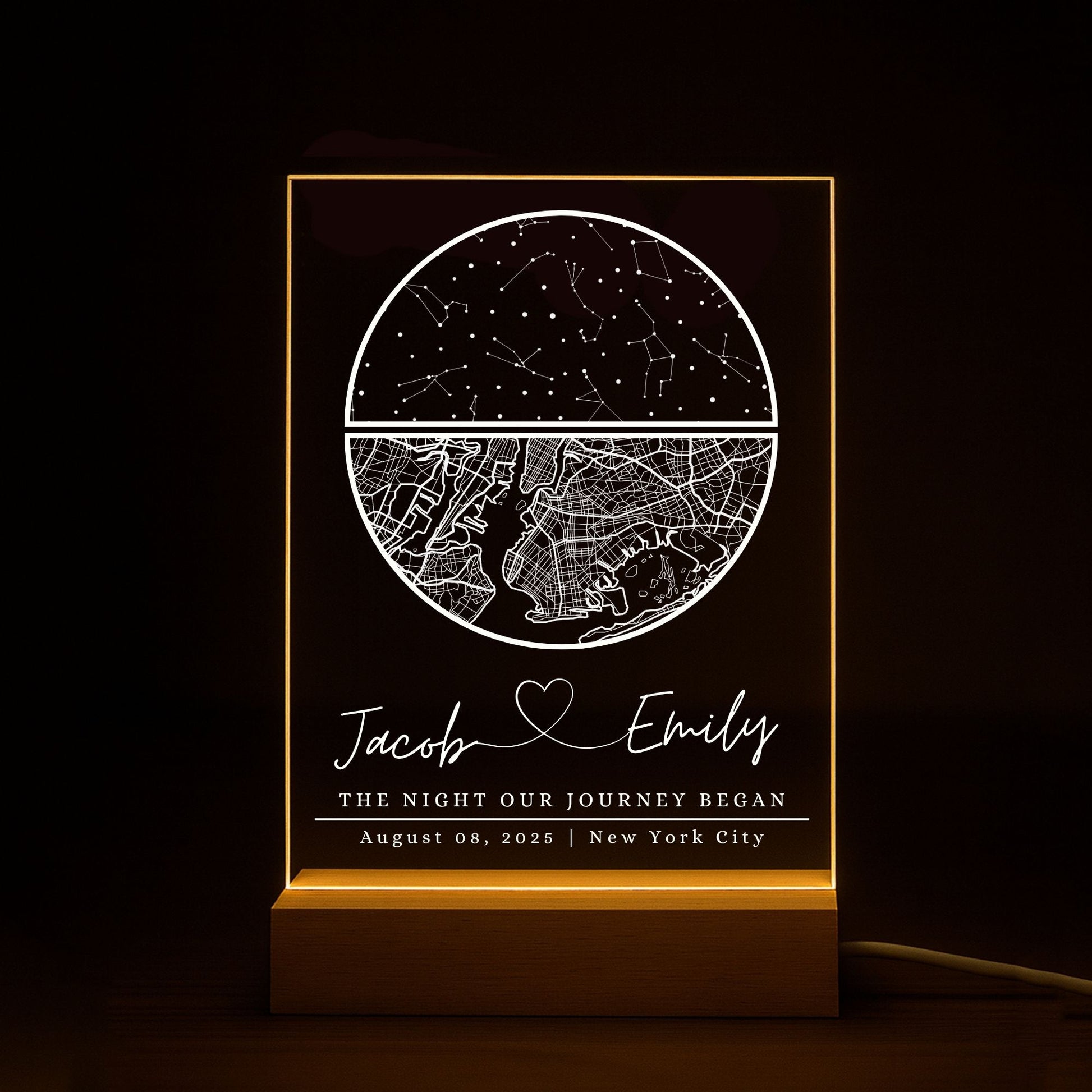 Modern map night light with a warm LED glow reflecting off the acrylic surface.