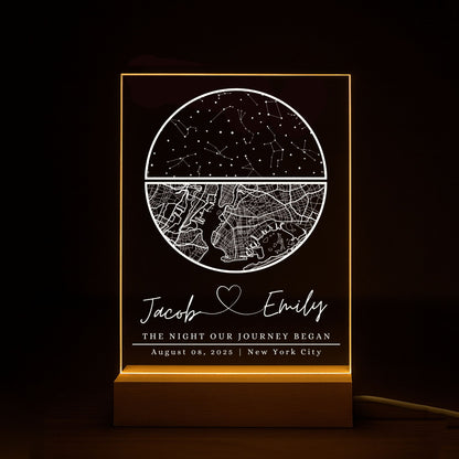 Modern map night light with a warm LED glow reflecting off the acrylic surface.