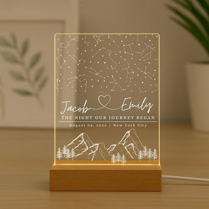 Personalized night light showing the exact alignment of stars from a special anniversary night.