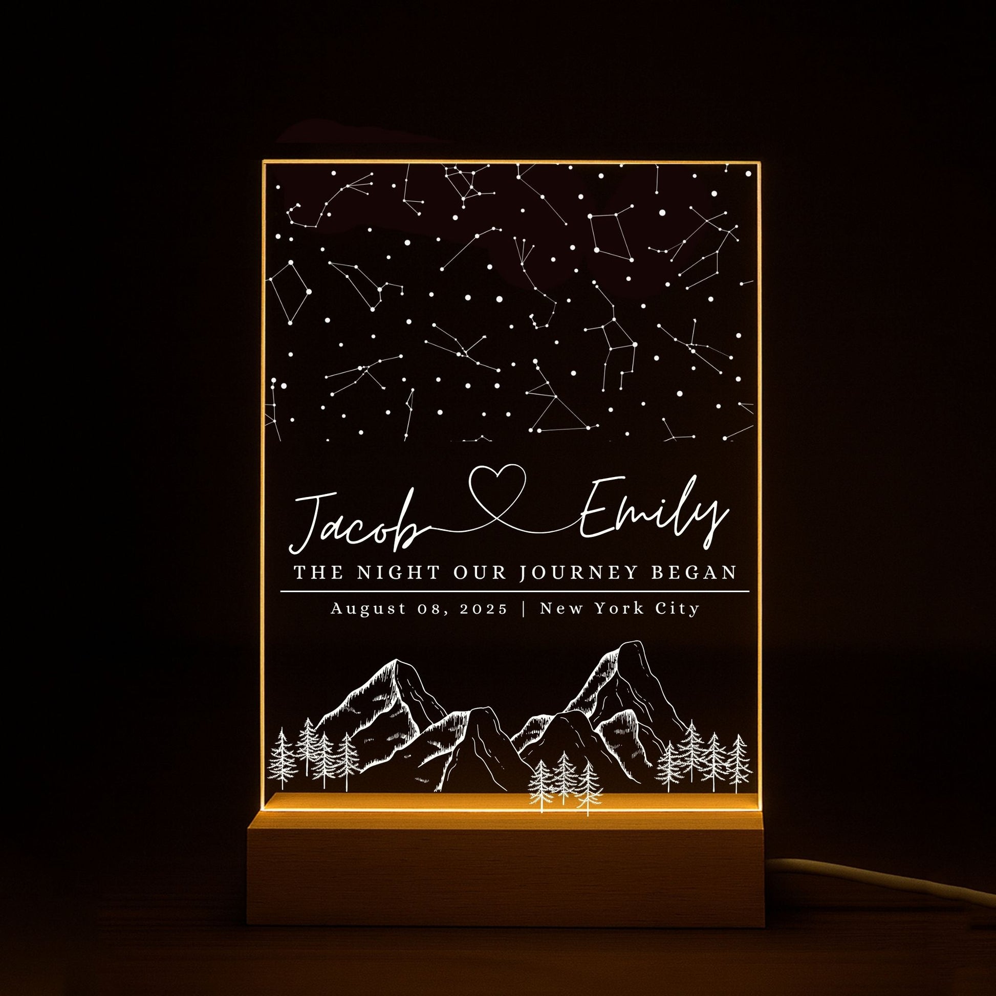 A 5mm thick acrylic star map plaque slotted into a natural wood base.