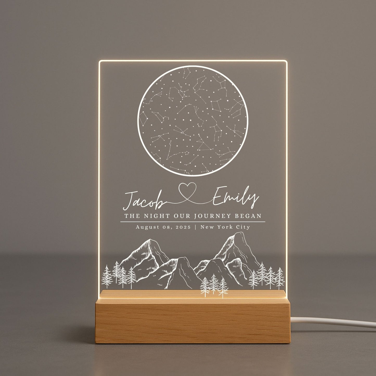 Romantic anniversary gift showing the night sky from the couple’s first date on a glowing plaque.