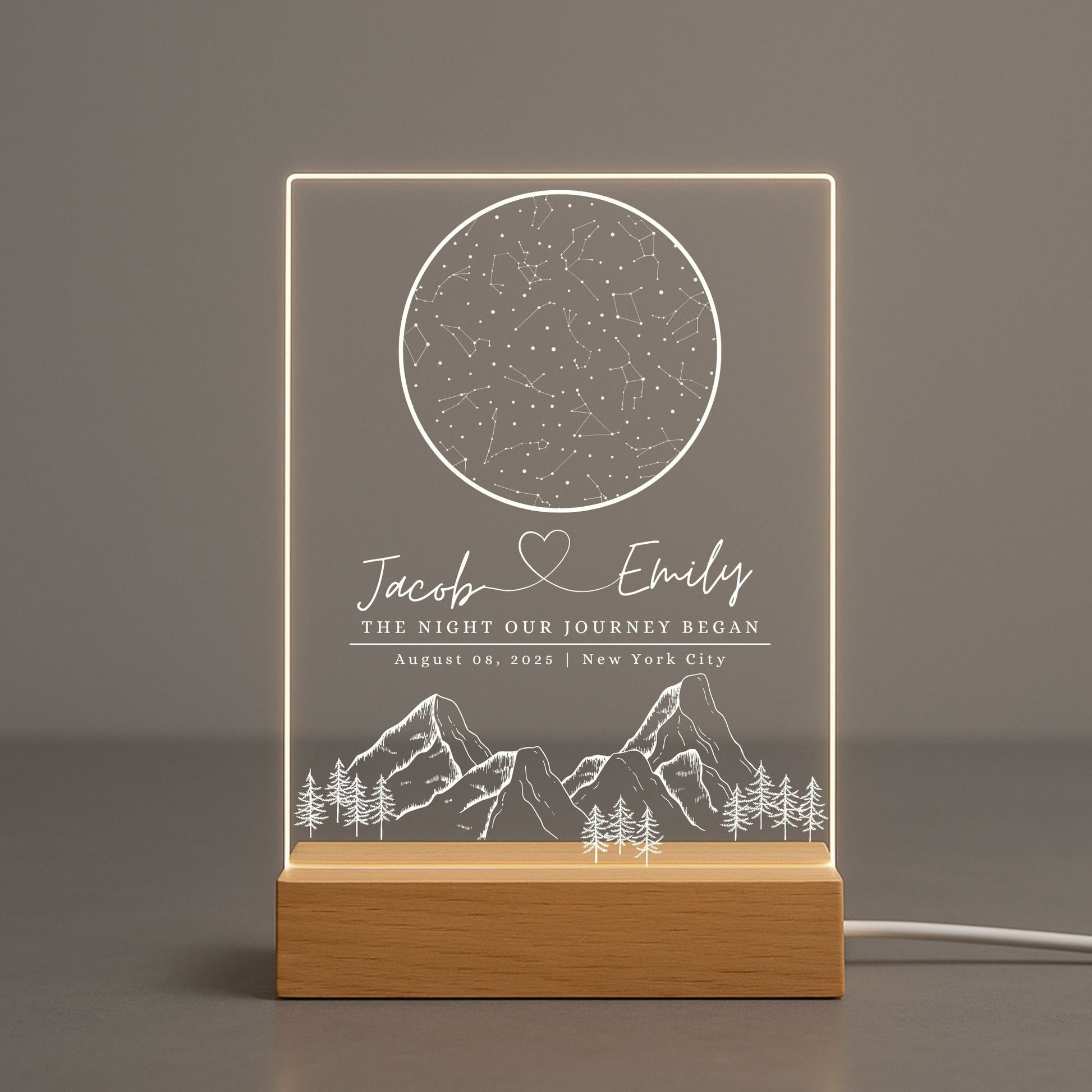 Romantic anniversary gift showing the night sky from the couple’s first date on a glowing plaque.
