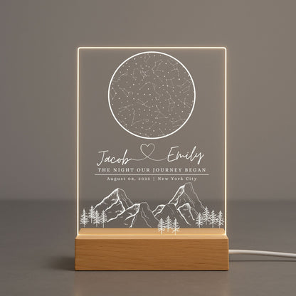 Romantic anniversary gift showing the night sky from the couple’s first date on a glowing plaque.