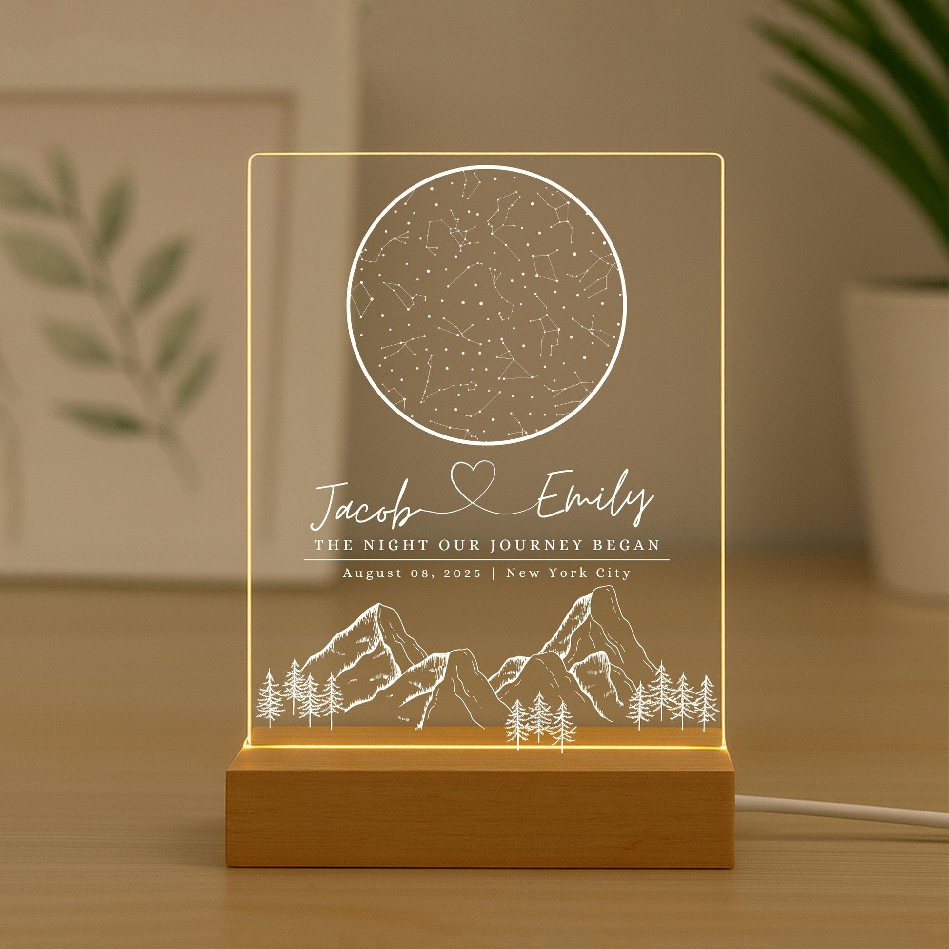 a glowing personalized star map night light for a spouse standing in the table home decor