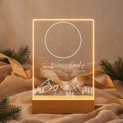 Unique anniversary gift: a custom star map night light preserved in clear acrylic and wood