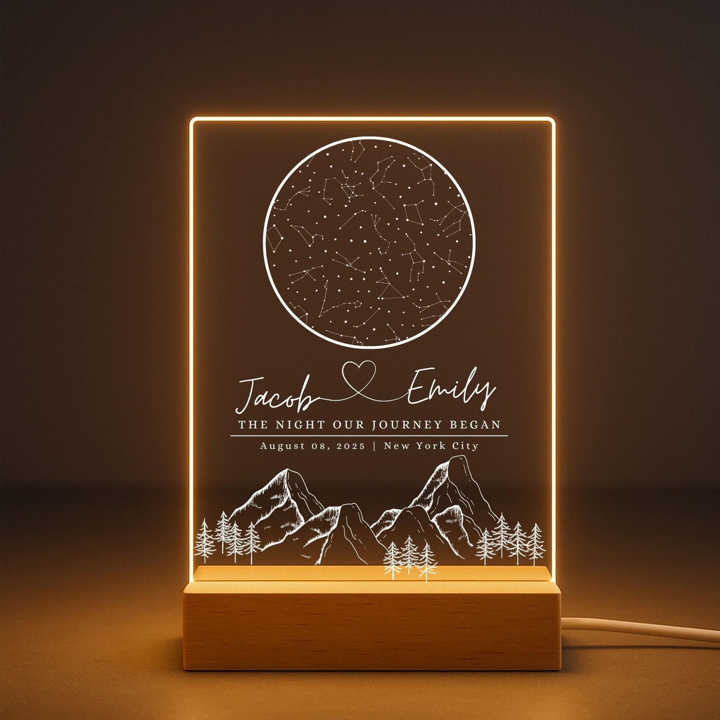 Personalized "the night our journey began" night light with a detailed star map for a housewarming, anniversary, engagemet gift