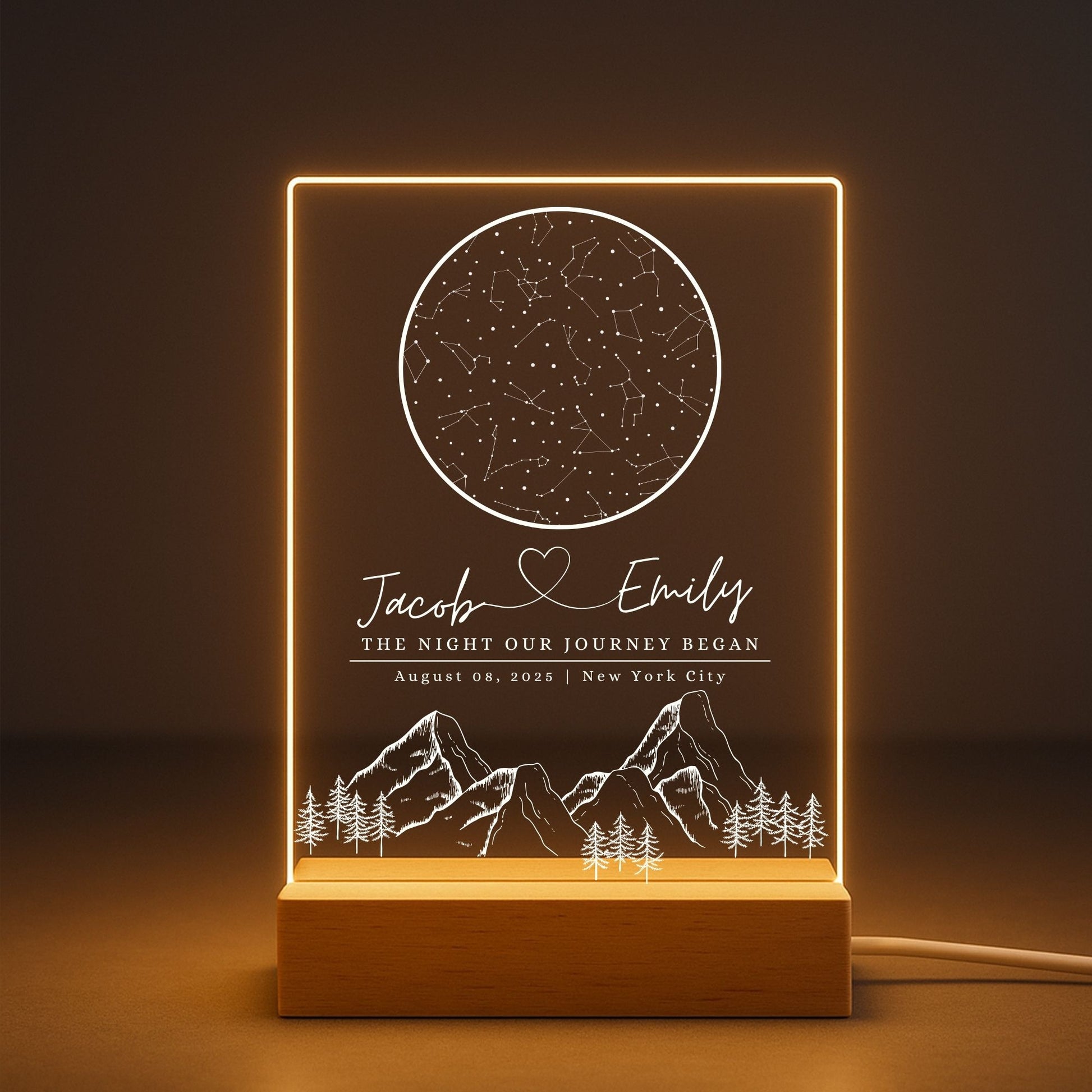 Personalized "the night our journey began" night light with a detailed star map for a housewarming, anniversary, engagemet gift
