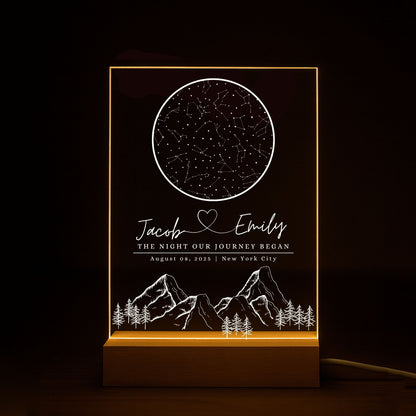 Engagement gift idea: a star map night light engraved with "The Night Our Journey Began" and location coordinates.
