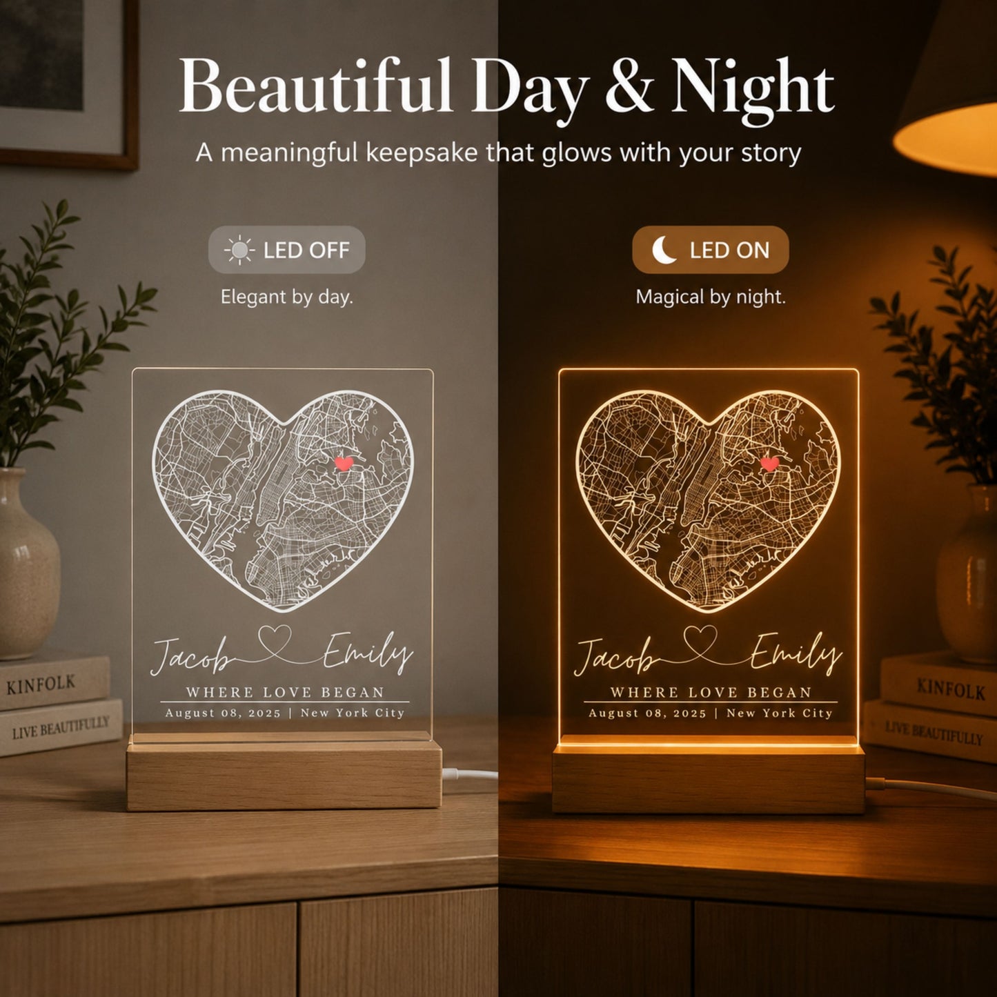 Heart Map Night Light Anniversary Gift for Couples