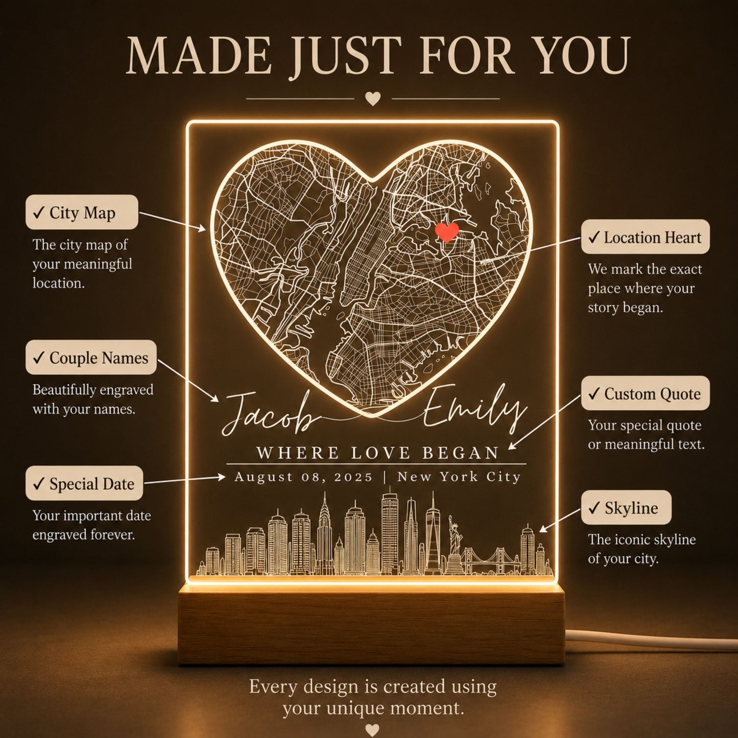 Heart Map Night Light Anniversary Gift for Couples