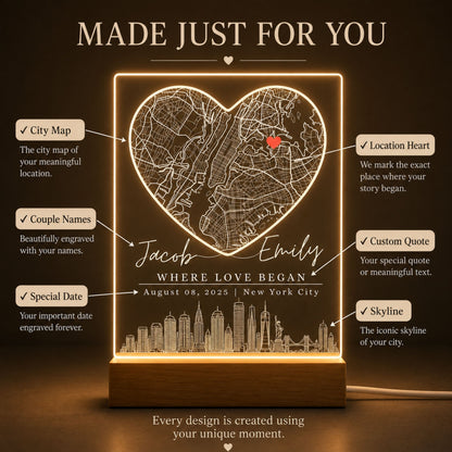 Heart Map Night Light Anniversary Gift for Couples