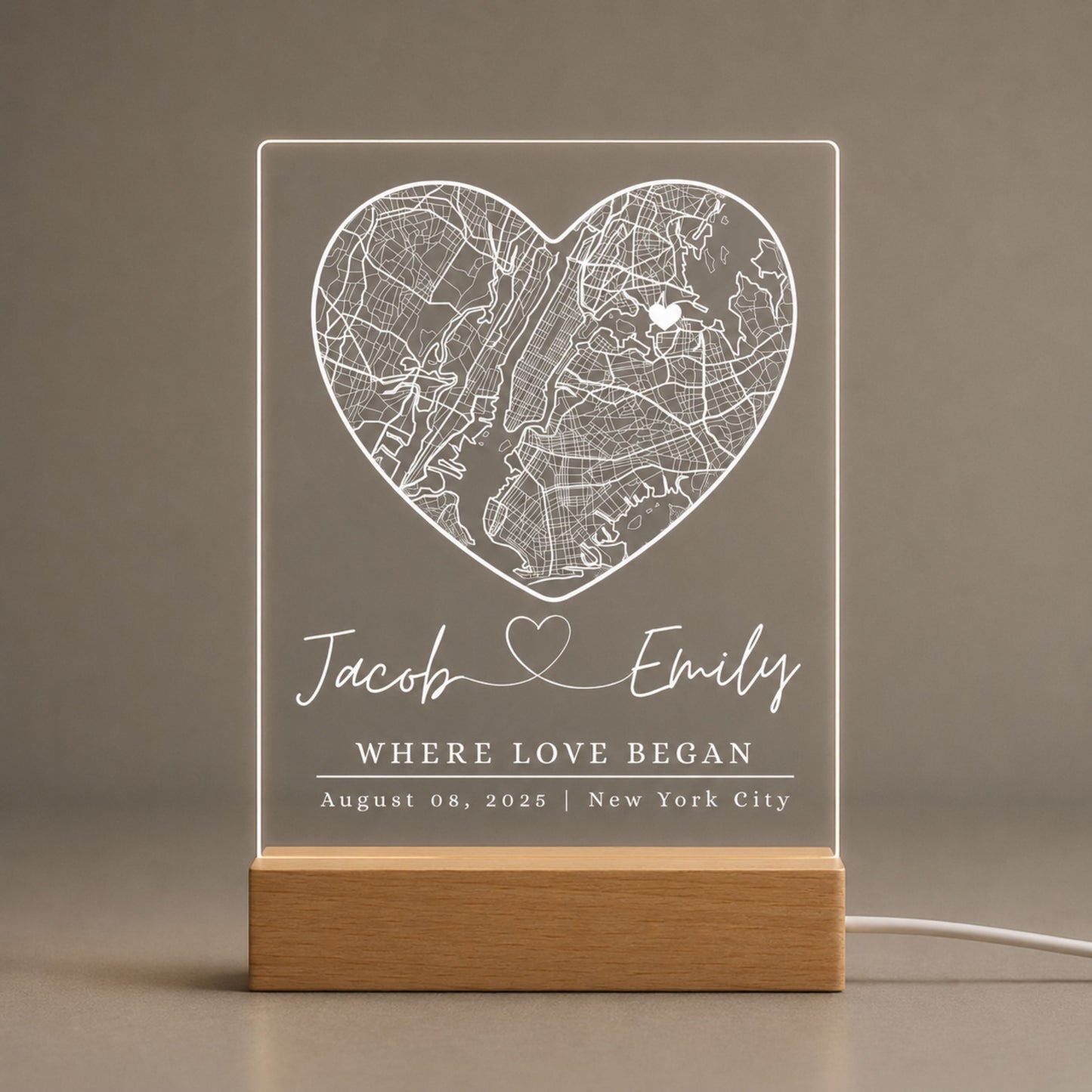 Heart Map Night Light Anniversary Gift for Couples