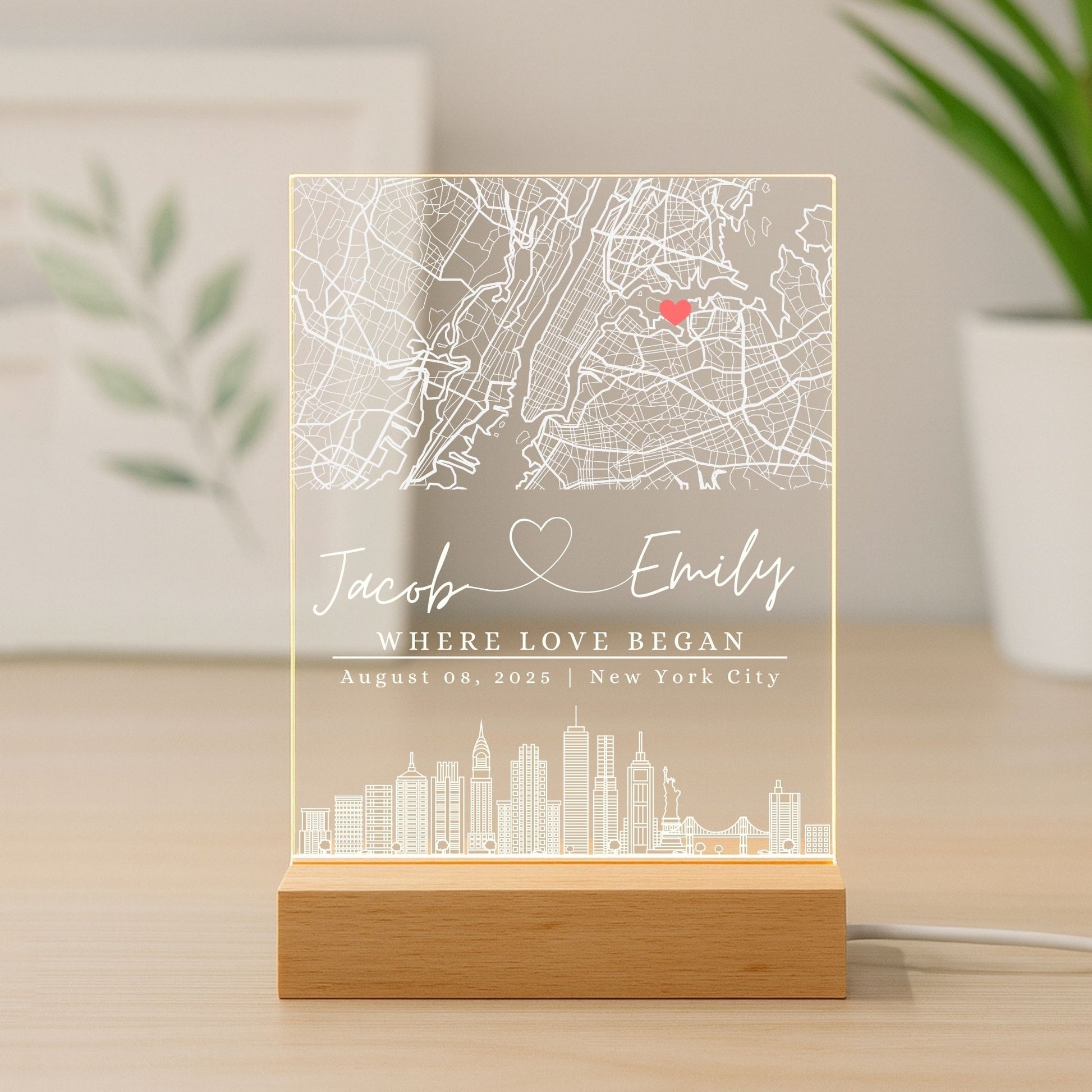 Romantic ambient lighting from a street map night light in a modern living room.