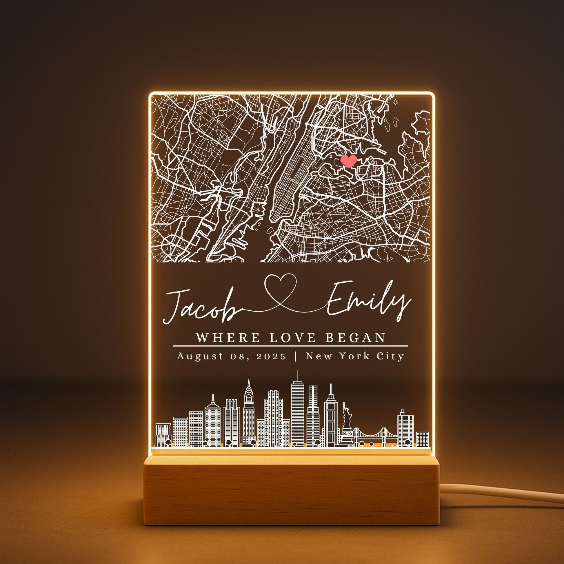 Elegant evening shot of a glowing personalized map light on a tabletop.